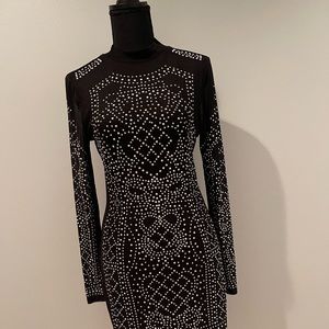 Dinner / Holiday Party / Vacation Midi Dress. Black with silver bling. Stretch.